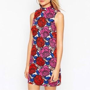 Asos (size 14) High Neck Shift Retro Floral Print pink red blue mini dress
